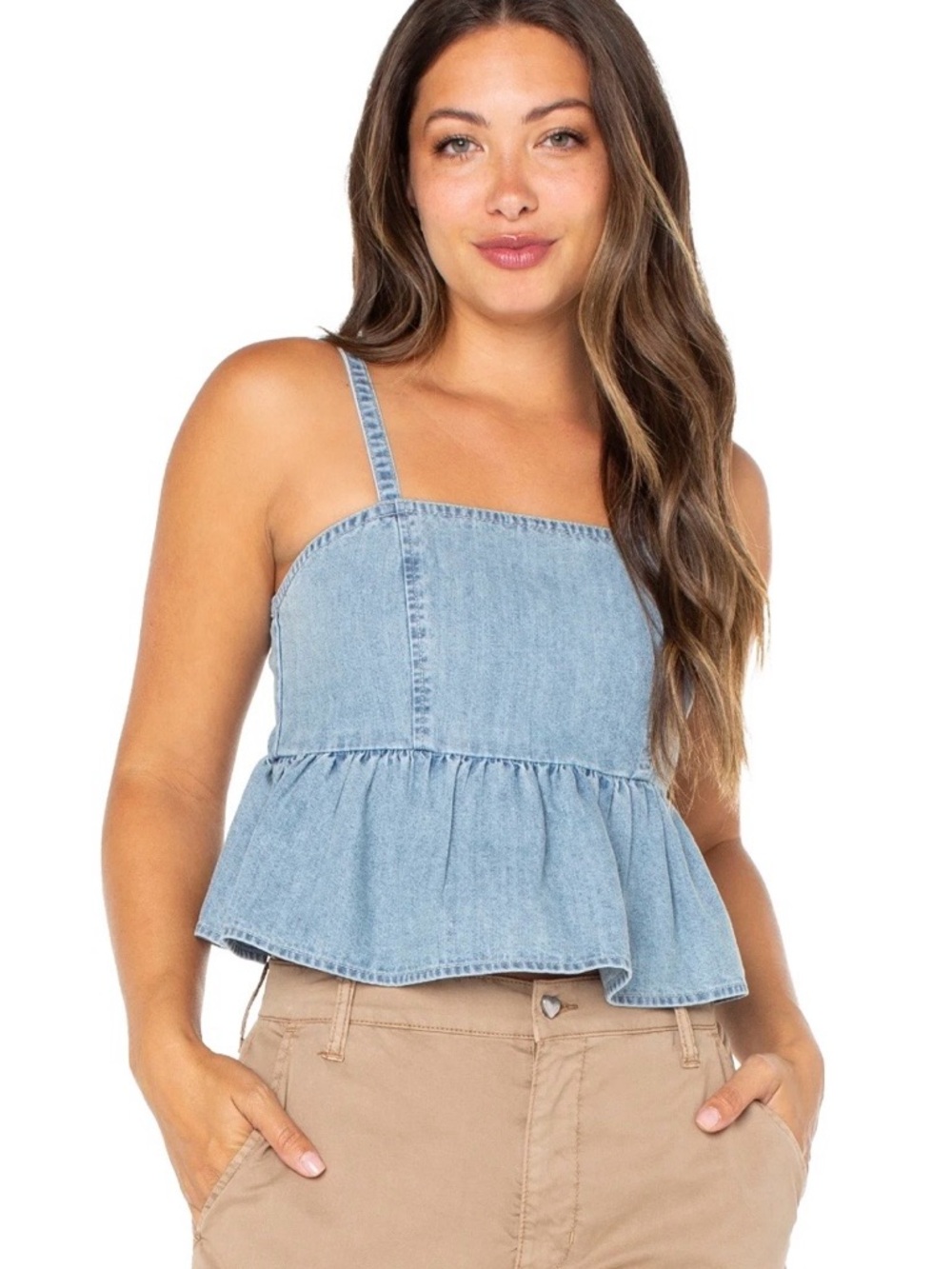 Celebrity Pink Women’s Sleeveless Denim Peplum Top, L